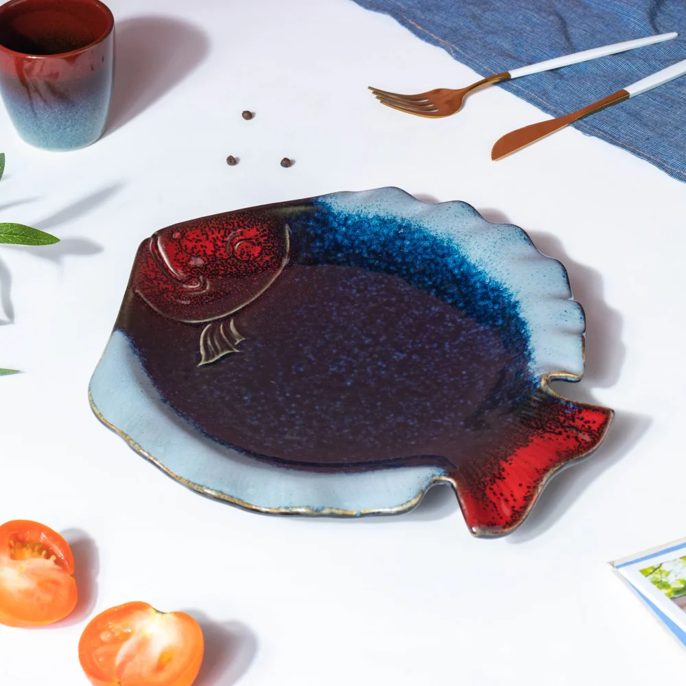 Studio Pottery Blue Fish Plate 10 Inch - Image 3