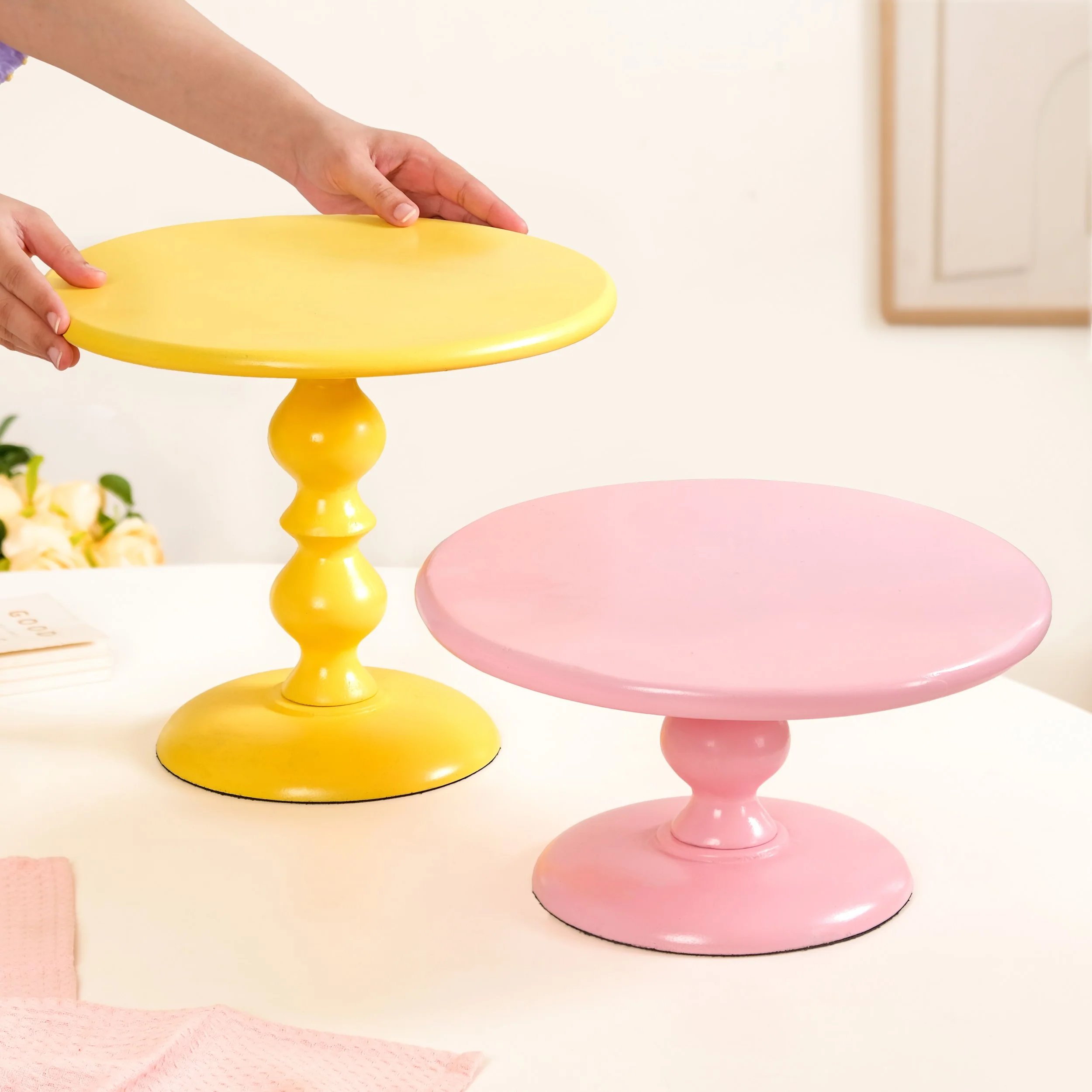 Sugar Pop Round Cake Stand Set Of 2 Pink And Yellow - Image 3