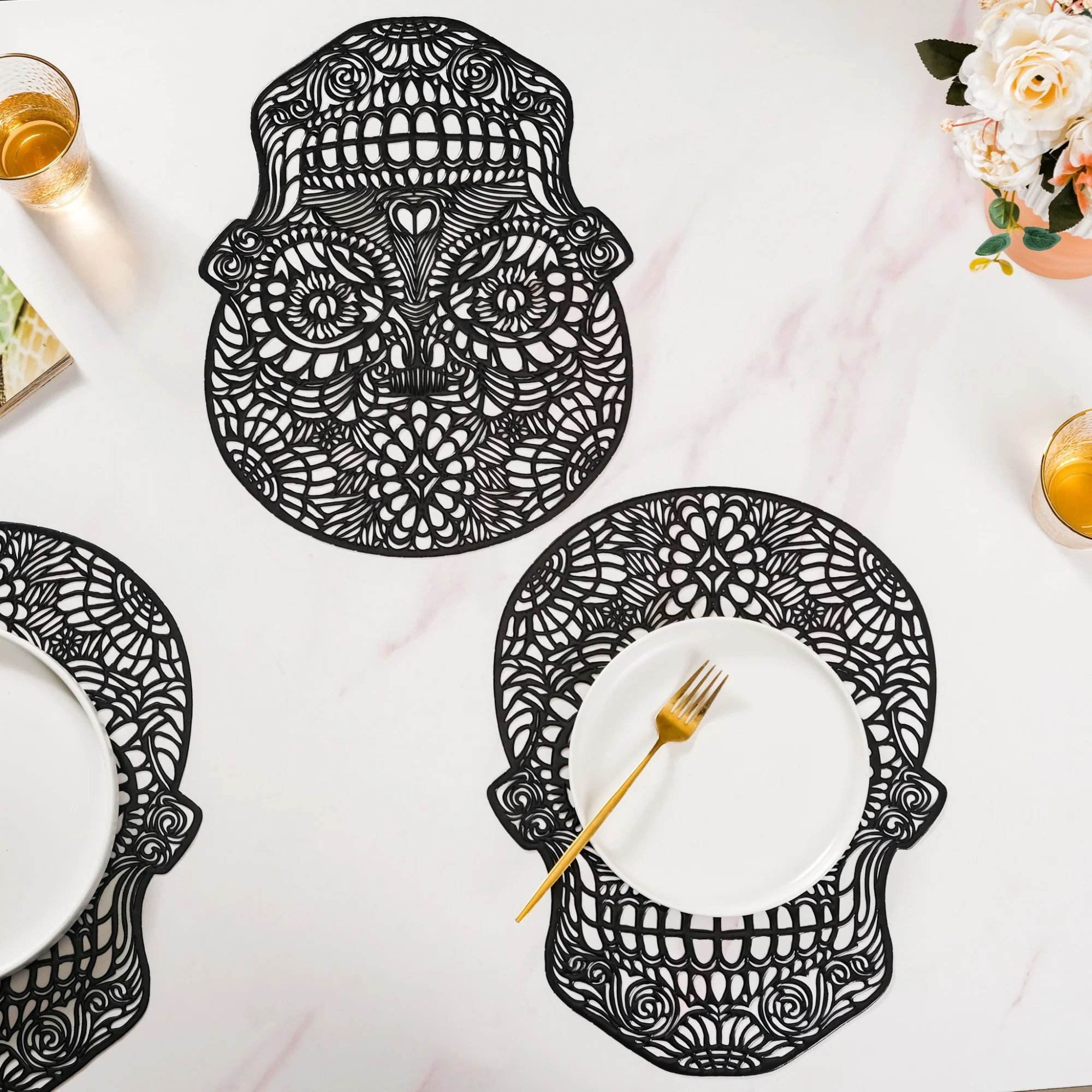 Sugar Skull Design Table Mat Set Of 6 Black - Image 13