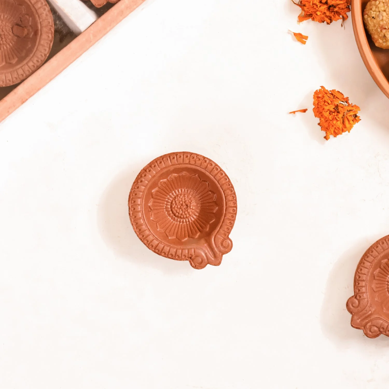 Sunflower Motif Pure Terracotta Clay Diyas Set Of 48 - Image 2
