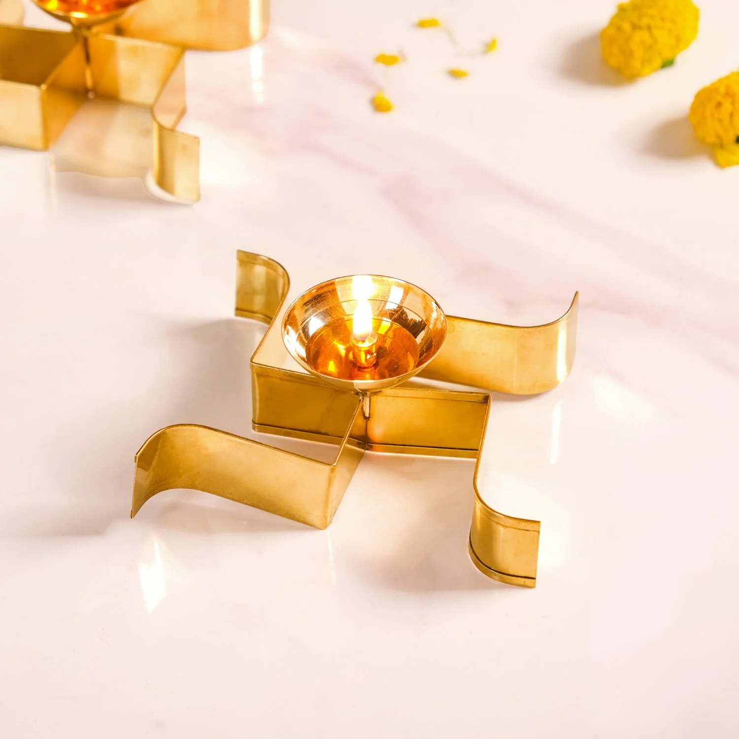 Swastik Brass Oil Tealight Diya Set Of 2 Large Gold - Image 3