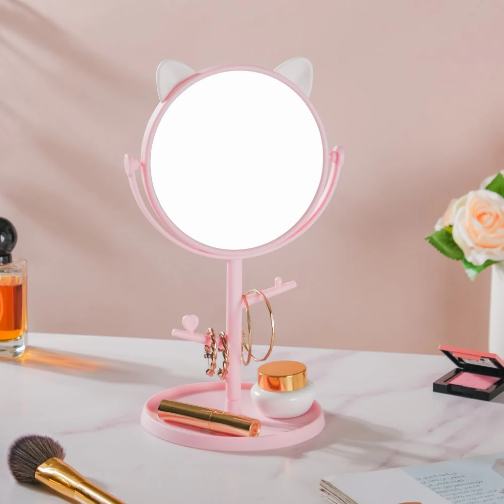 Tabletop Vanity Cat Mirror With Organizer Pink