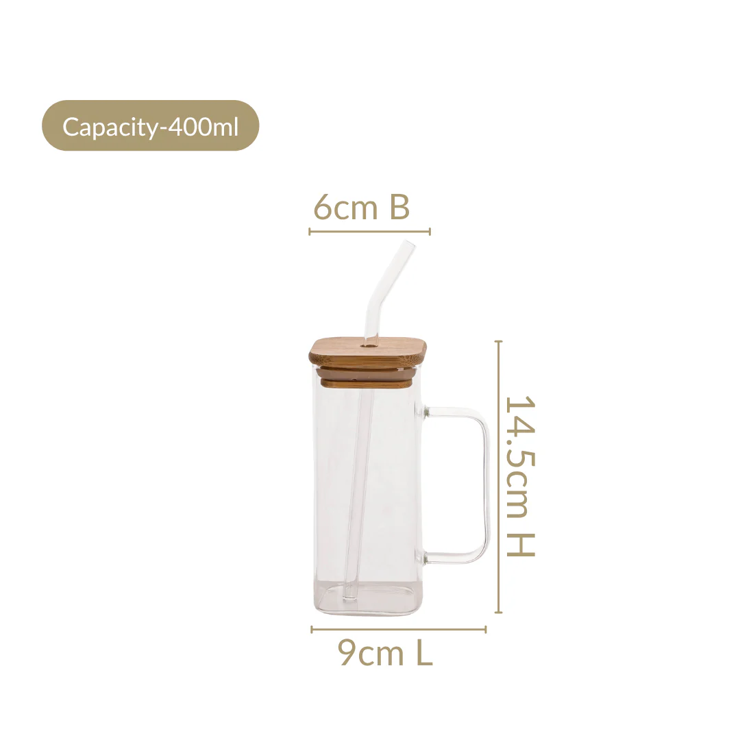Tall Square Glass Sipper Set Of 4 With Glass Straw 400ml - Image 4