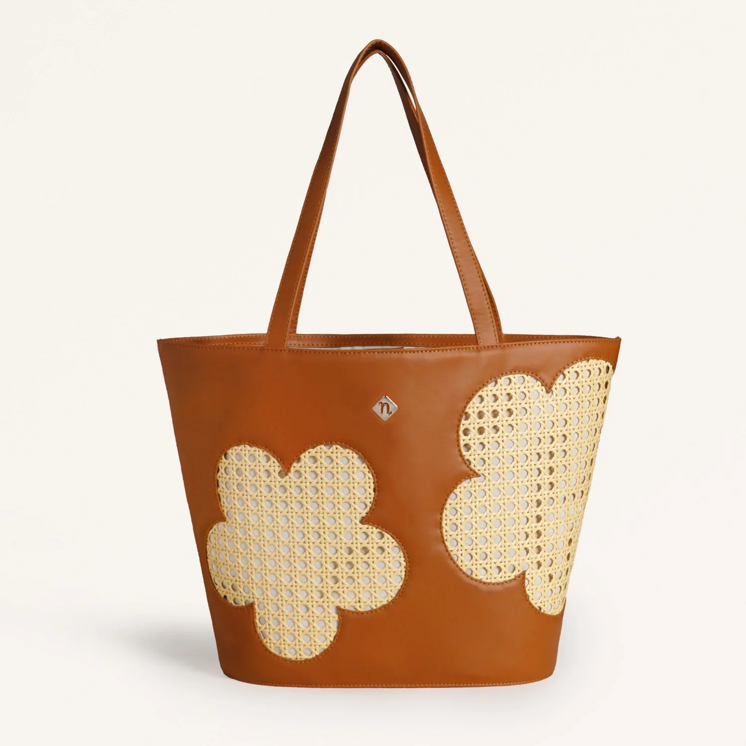 Tan Rattan Tote Bag With Back Pocket