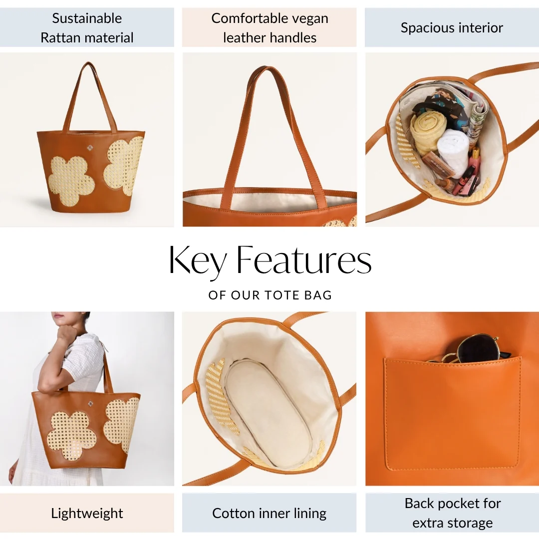 Tan Rattan Tote Bag With Back Pocket - Image 4