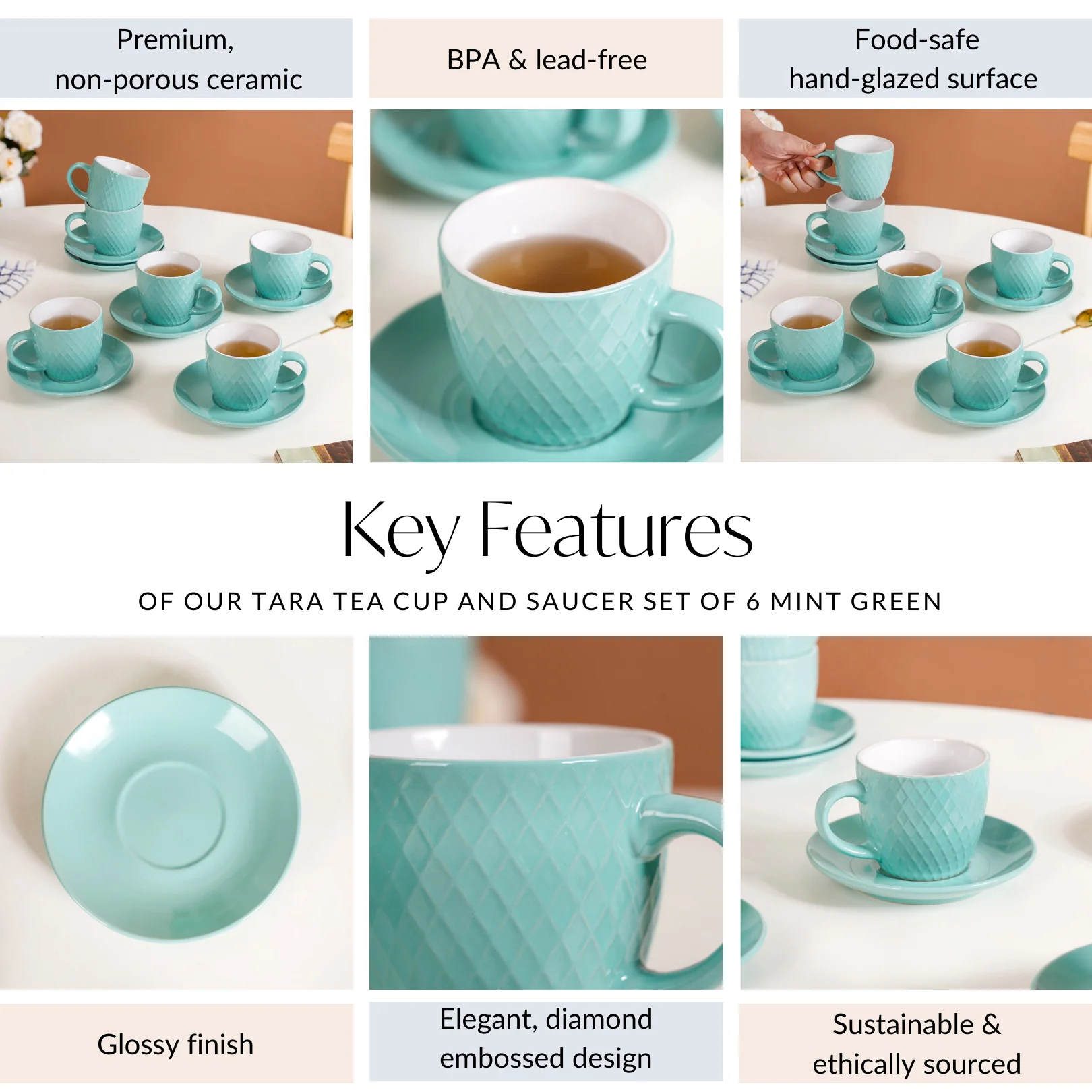 Tara Tea Cup And Saucer Set Of 6 Mint 225ml - Image 5