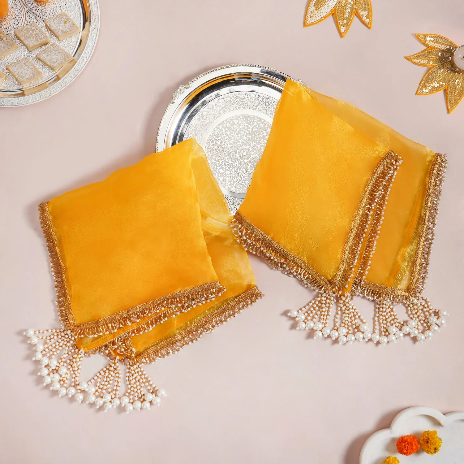 Tasselled Organza Thali Cover Yellow Set Of 2 - Image 3