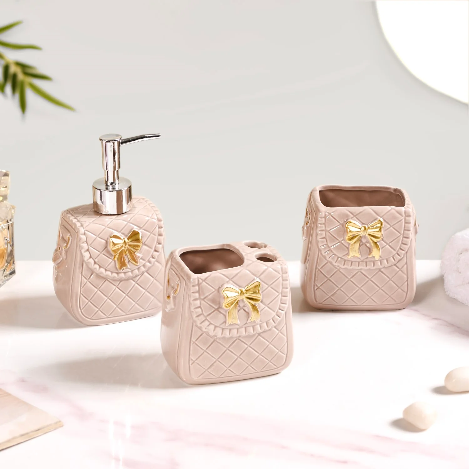 Taupe Gold Bow Accented Bath Accessories Set Of 3 - Image 12