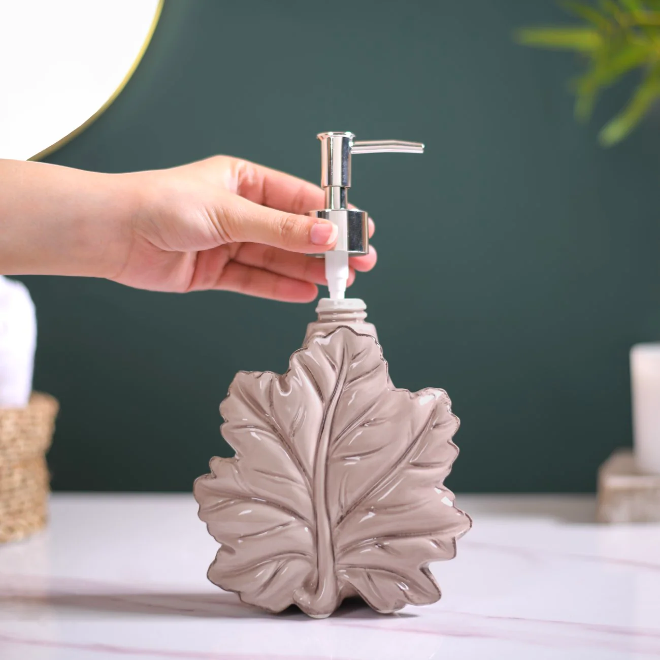 Taupe Leaf Shaped Ceramic Soap Dispenser - Image 2