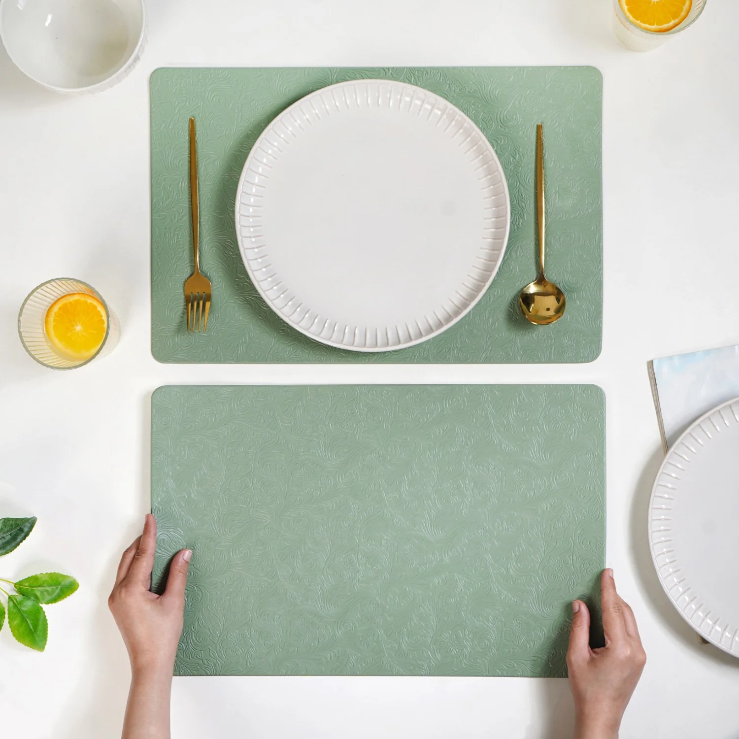 Tea Green Embossed Table Mat Set Of 6 - Image 2