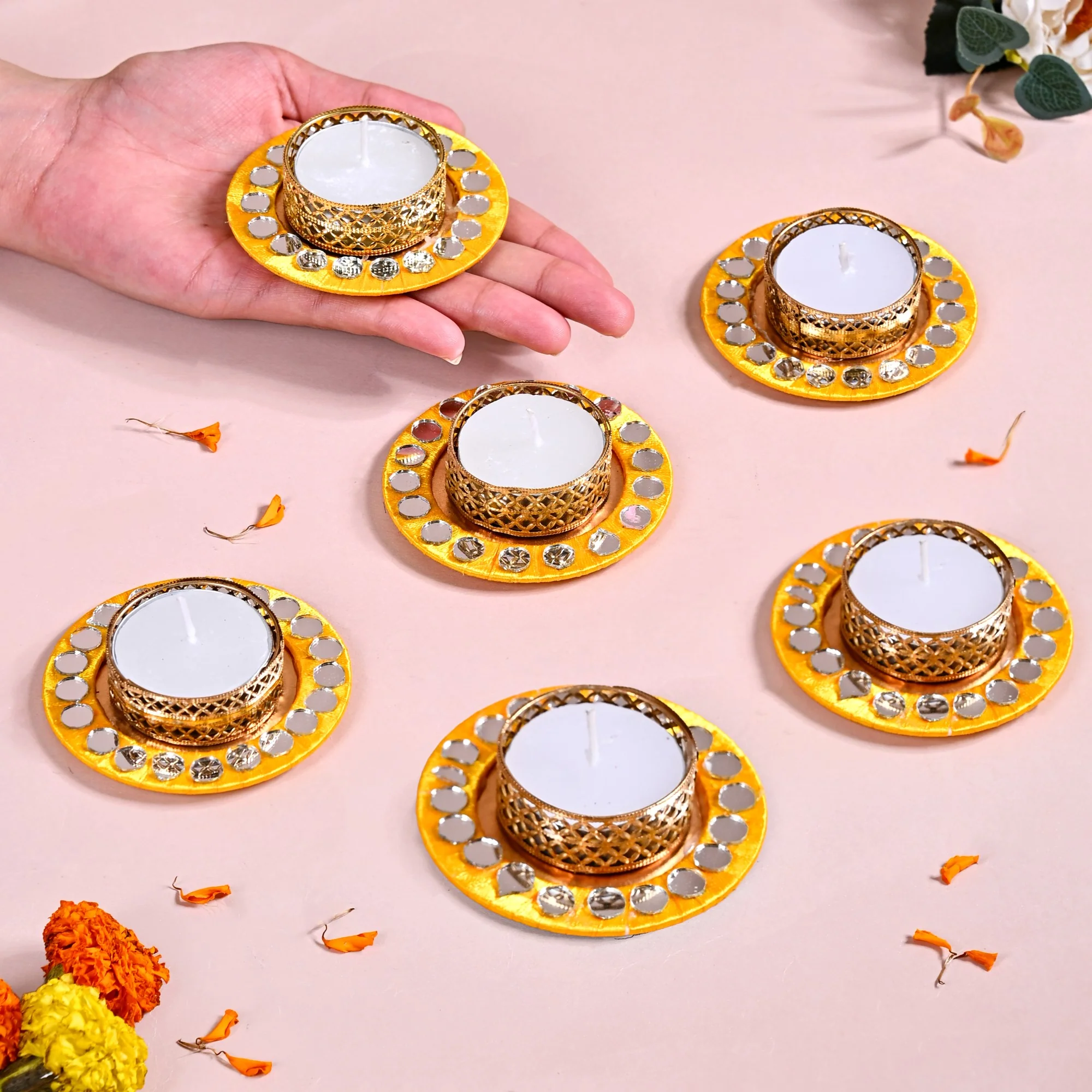 Tea Light Holders With Mirror Inlay Set Of 6 - Image 3
