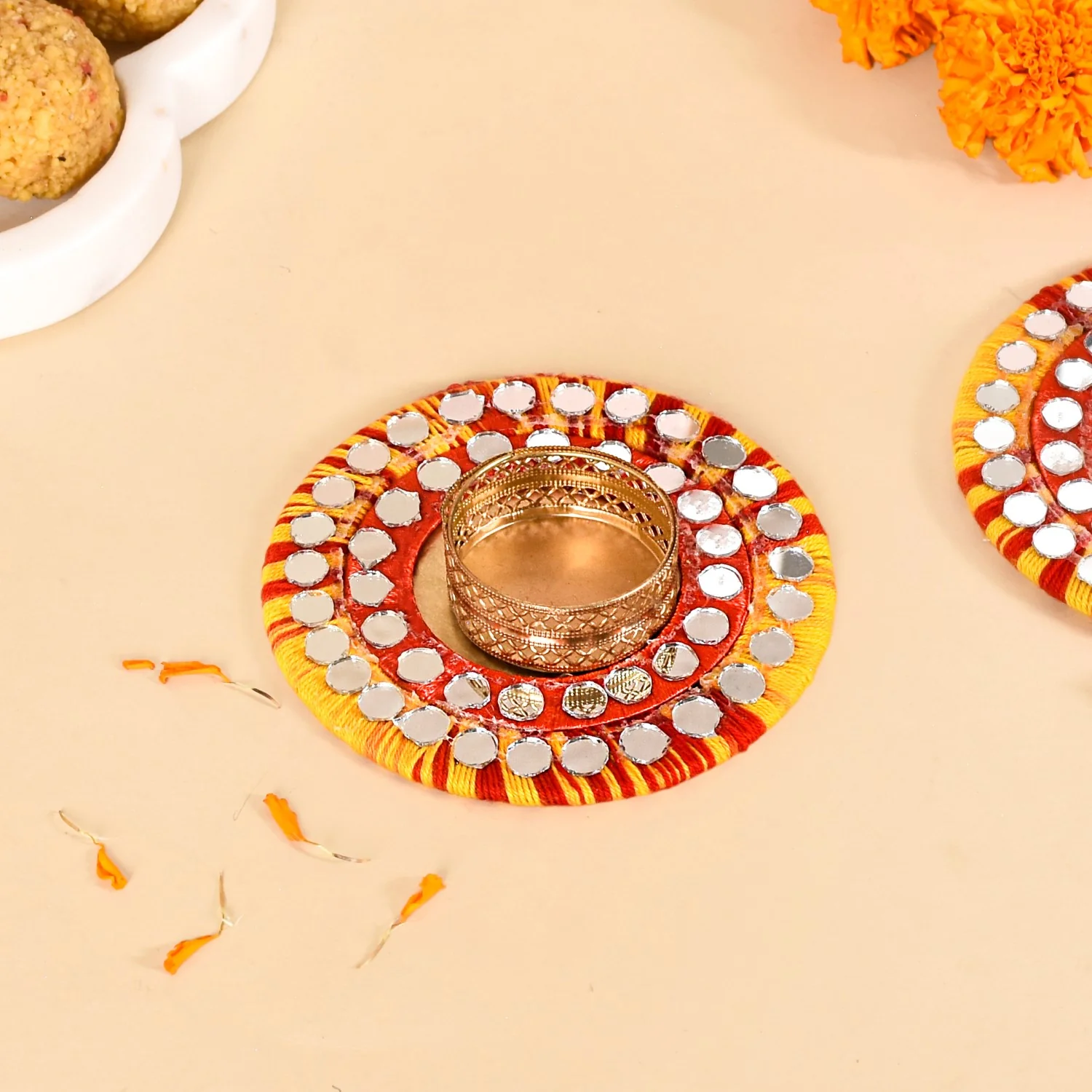 Tealight Candle Holders With Thread And Mirrorwork Set Of 4 - Image 6