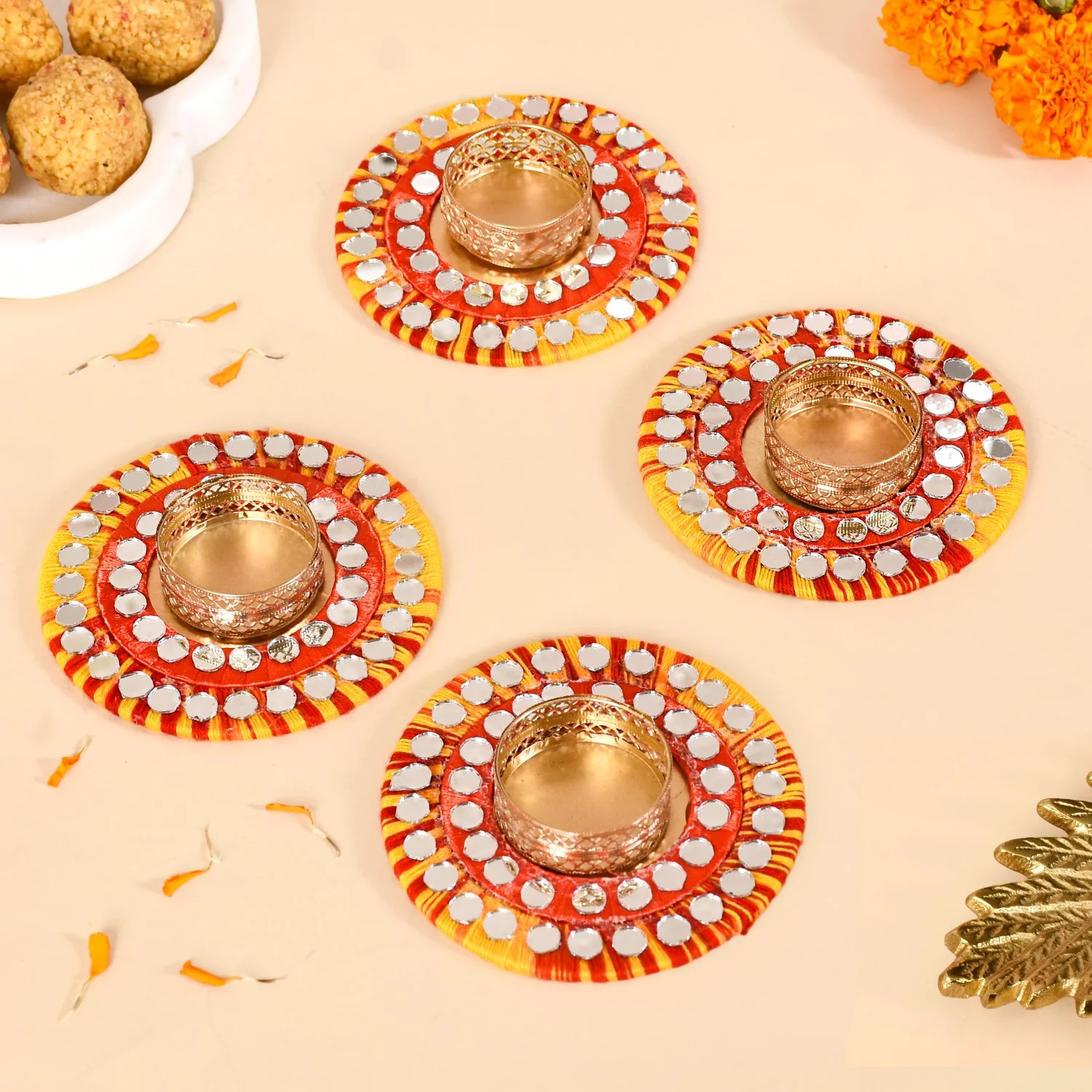 Tealight Candle Holders With Thread And Mirrorwork Set Of 4 - Image 8