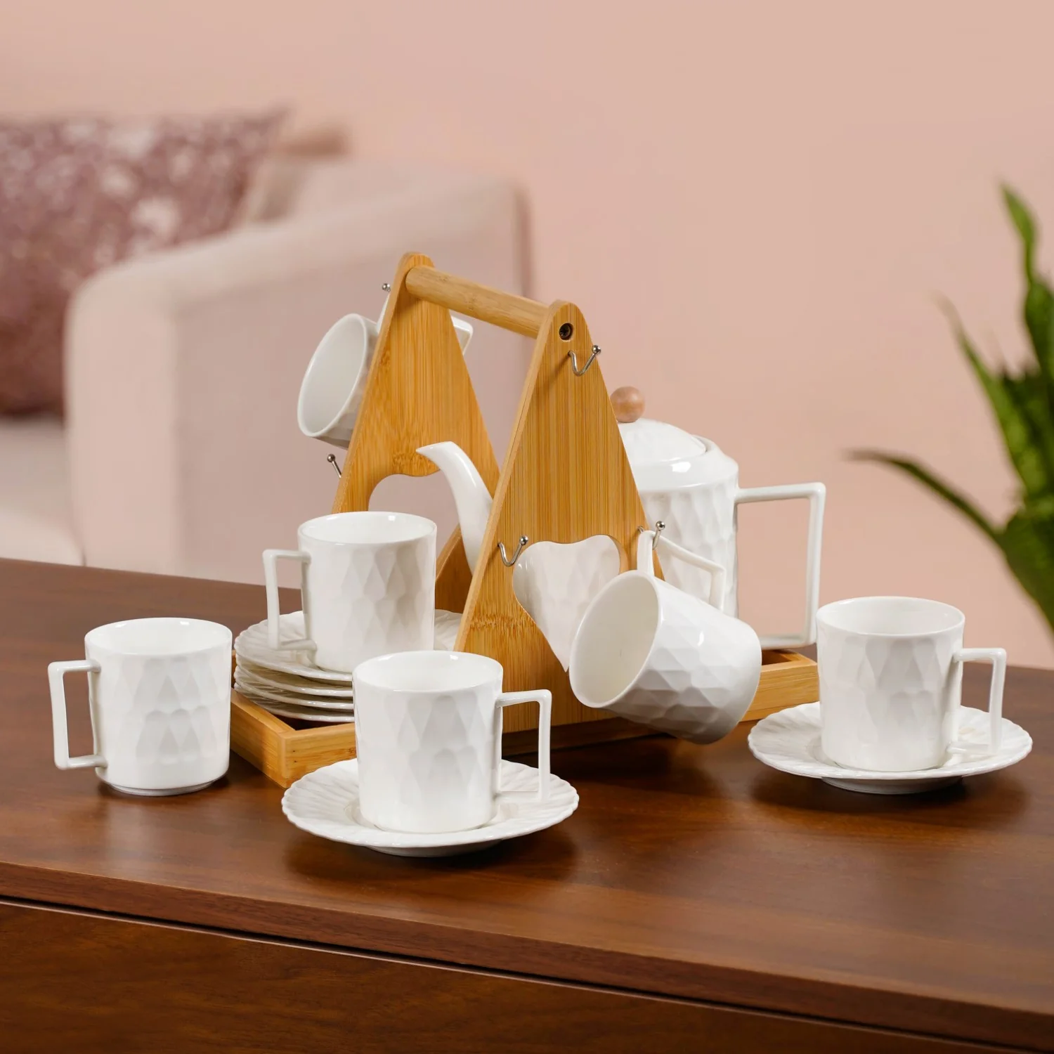 Teardrop Textured Ceramic Tea Set For 6 With Stand - Image 10