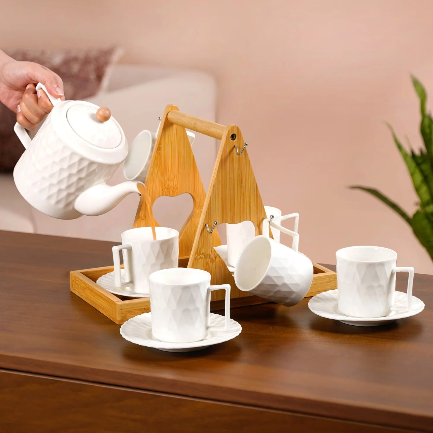 Teardrop Textured Ceramic Tea Set For 6 With Stand - Image 2