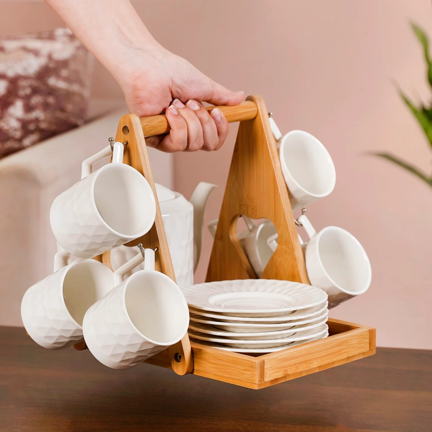 Teardrop Textured Ceramic Tea Set For 6 With Stand - Image 6
