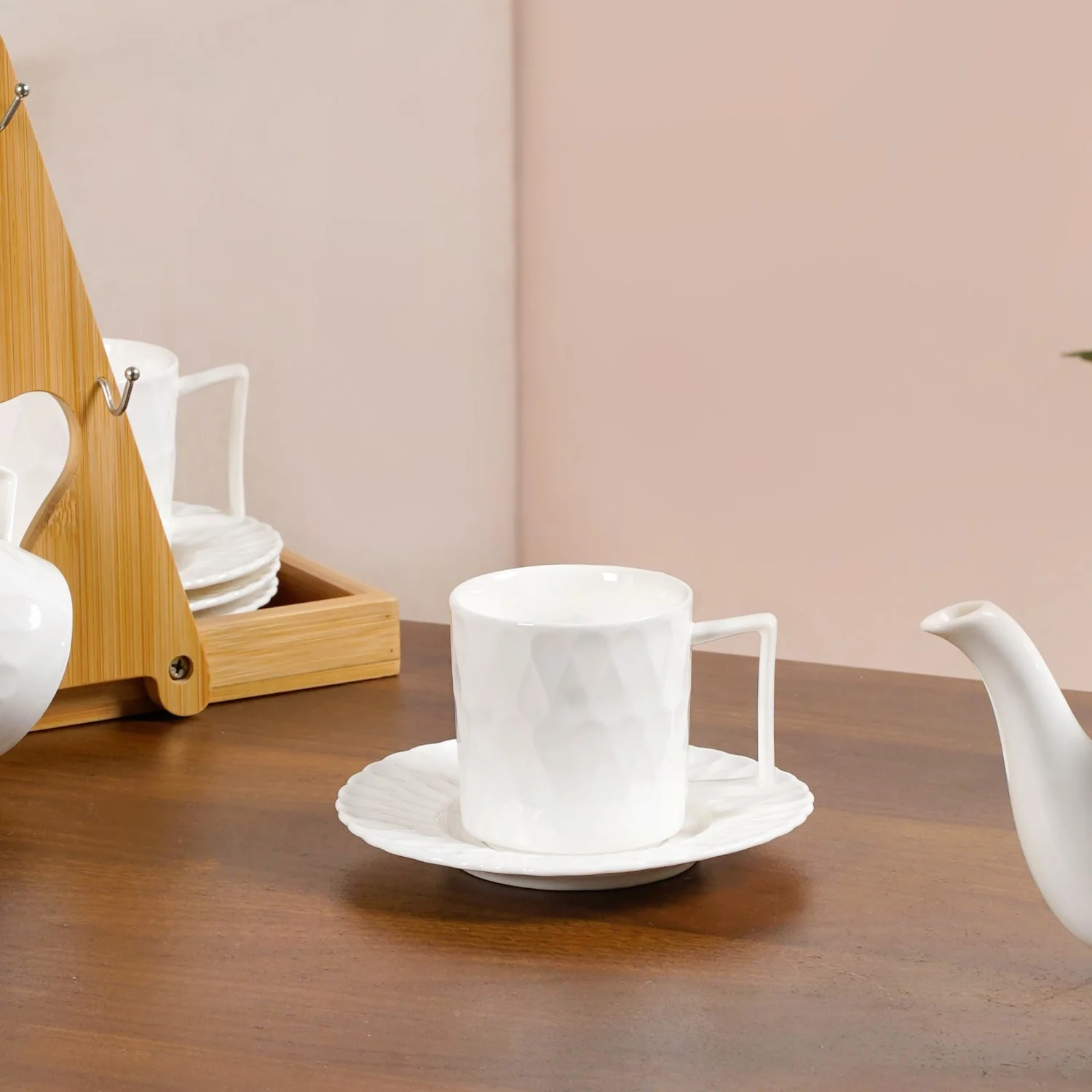 Teardrop Textured Ceramic Tea Set For 6 With Stand - Image 7