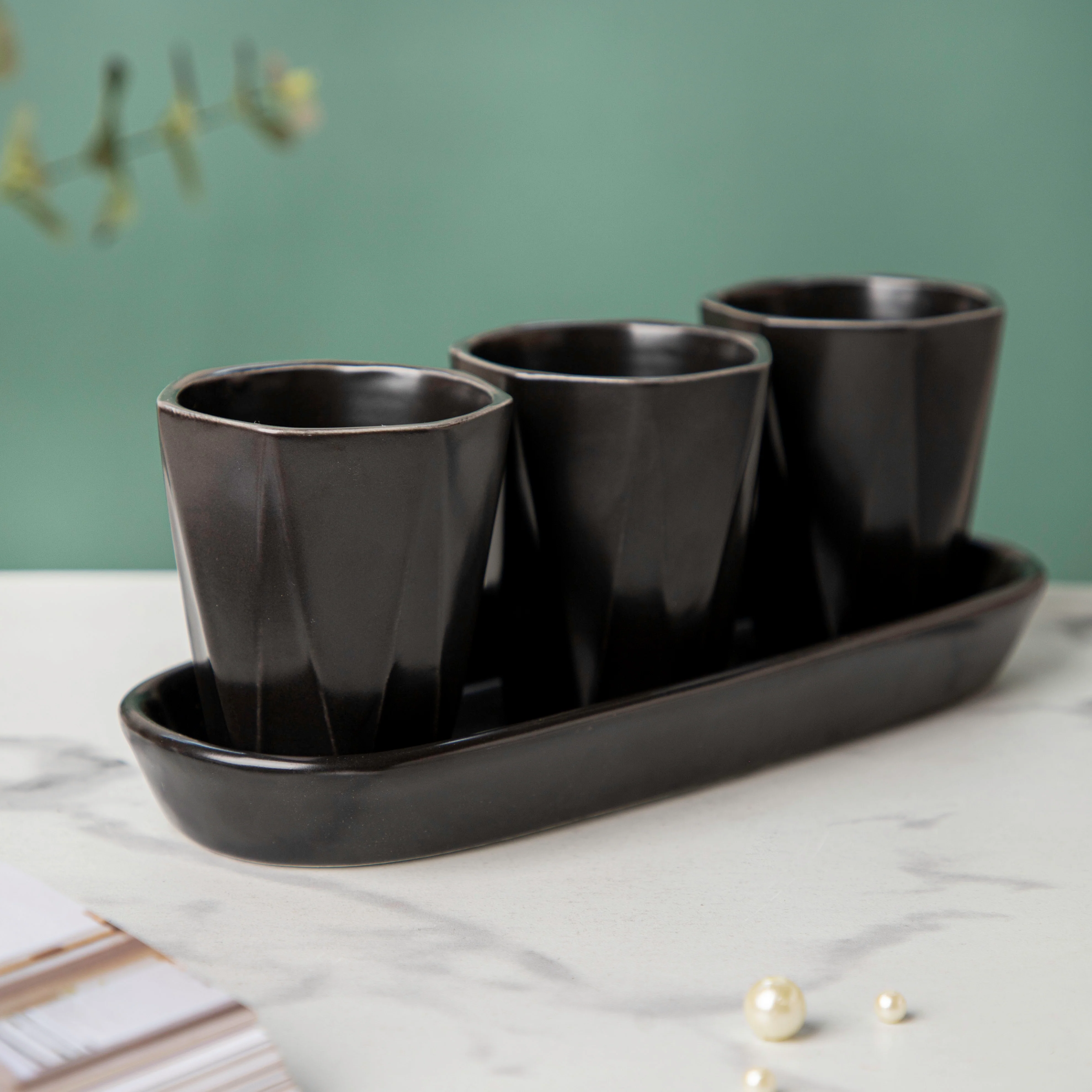 Ternion Textured Planter Set Of 3 With Plate Black - Image 3