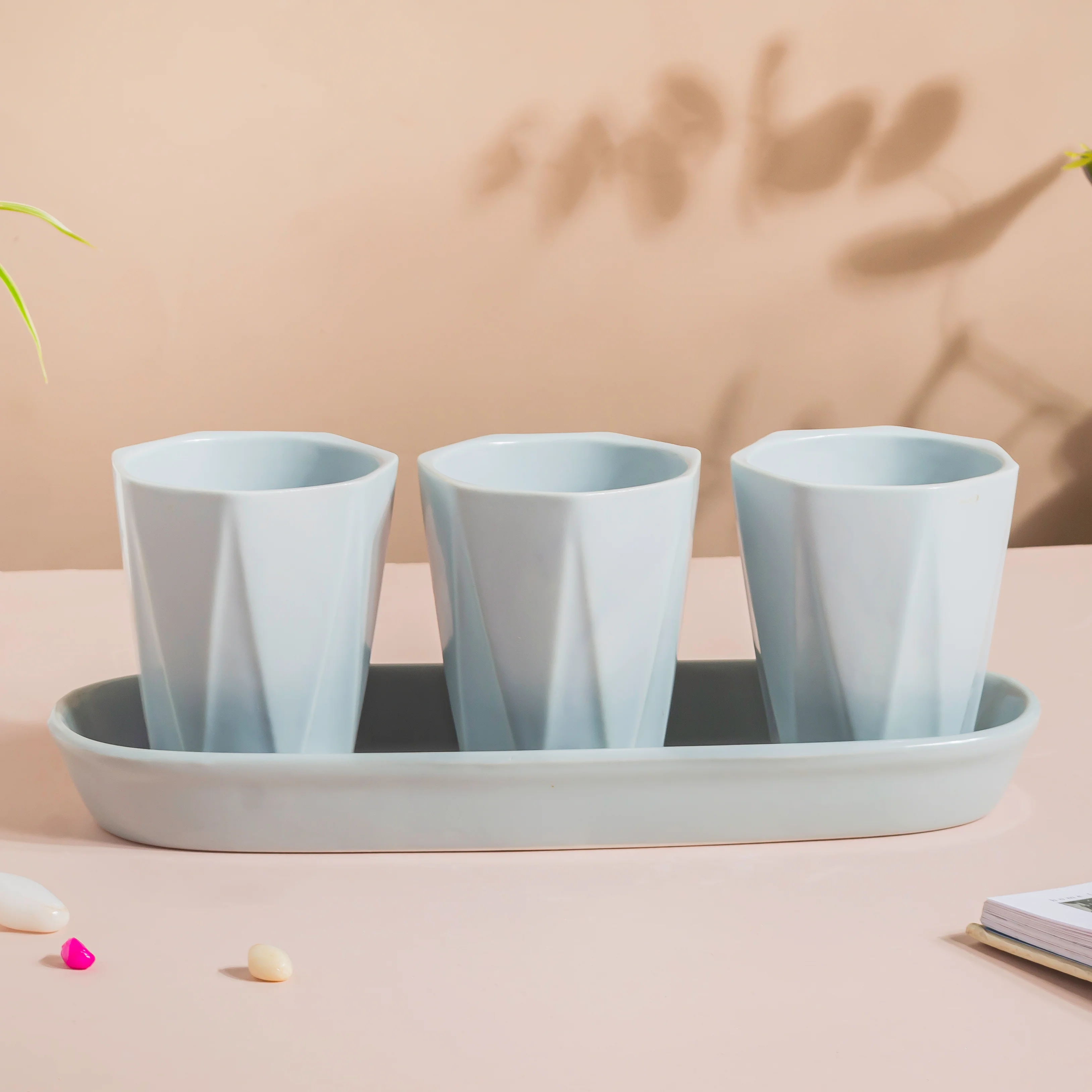 Ternion Textured Planter Set Of 3 With Plate Blue Grey - Image 9