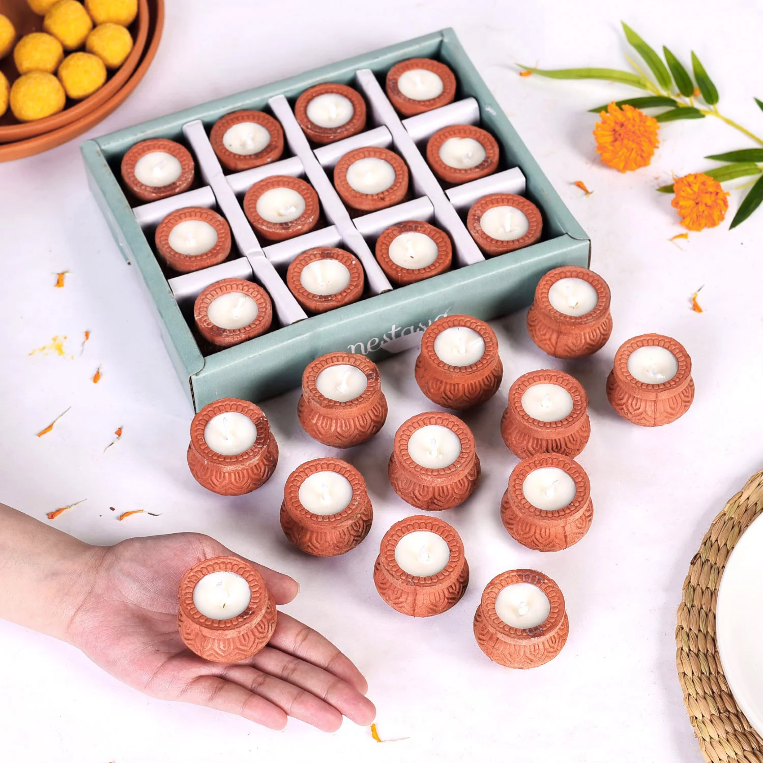 Terracotta Matki Engraved Diyas With Wax Set Of 24 - Image 2