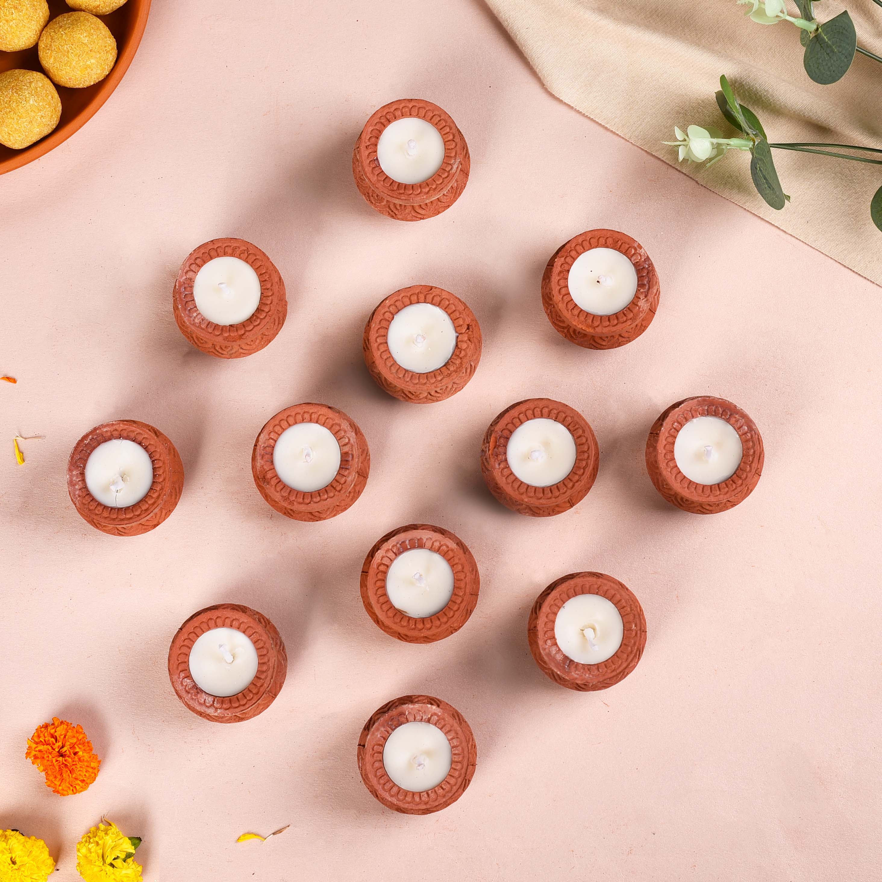 Terracotta Matki Engraved Diyas With Wax Set Of 24 - Image 7