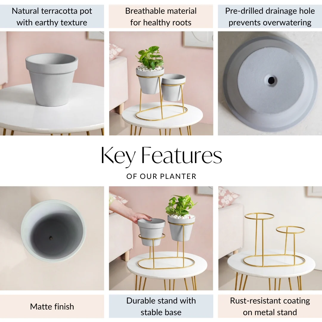 TerraDuo Grey Planters Pair With Gold Stand - Image 5