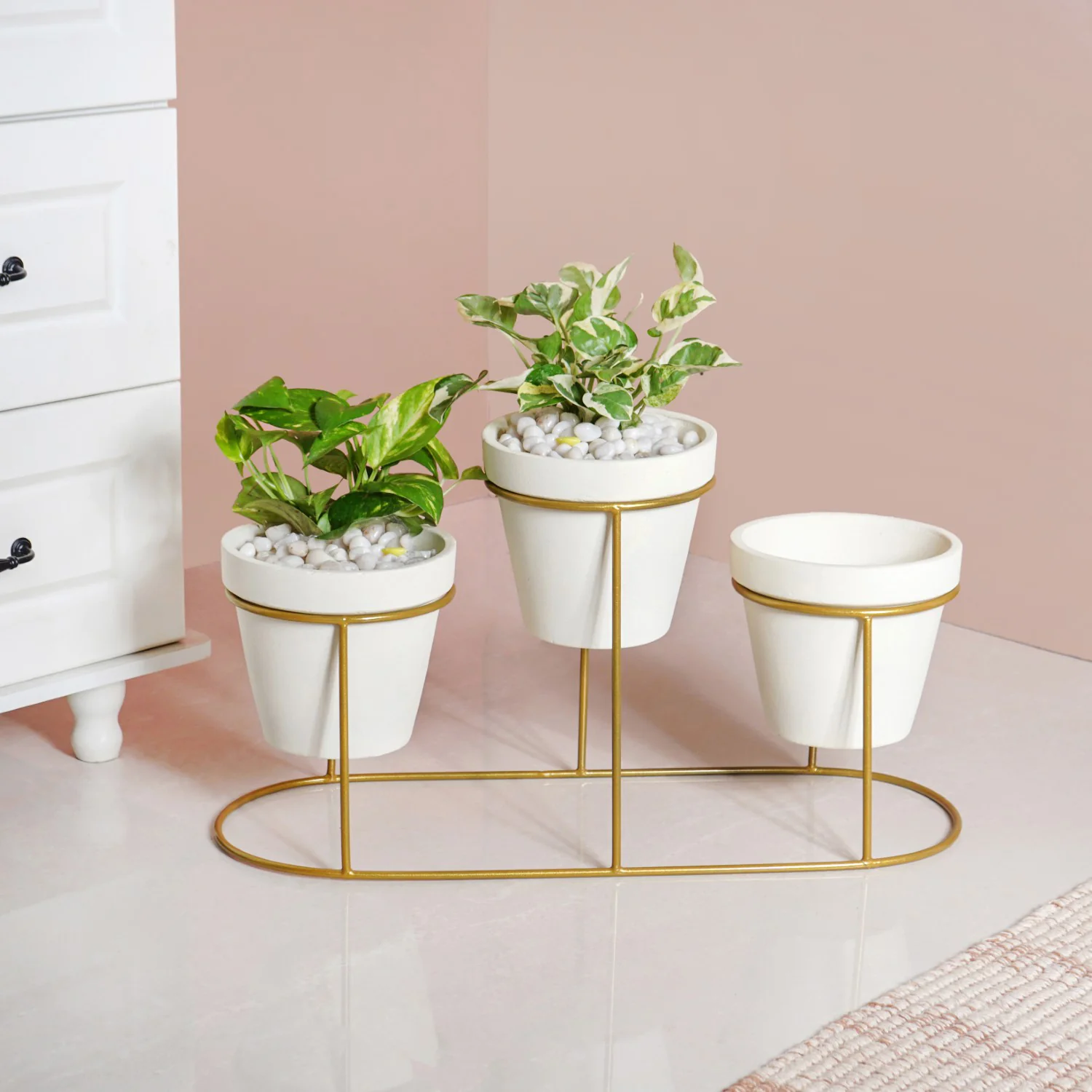 TerraTier Gold Stand With Three White Planters Off White