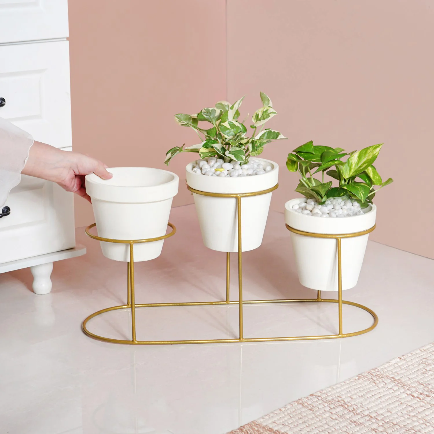 TerraTier Gold Stand With Three White Planters Off White - Image 3