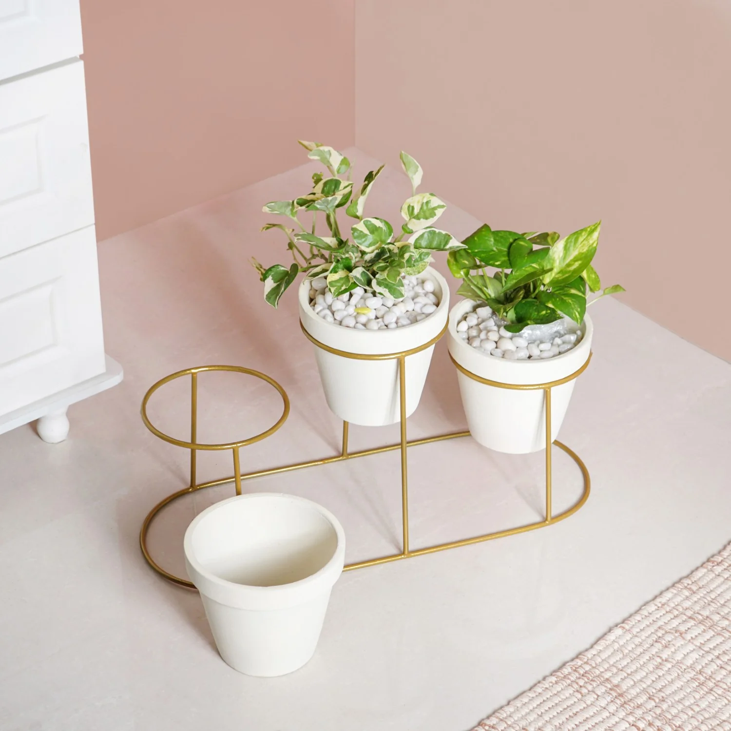 TerraTier Gold Stand With Three White Planters Off White - Image 9