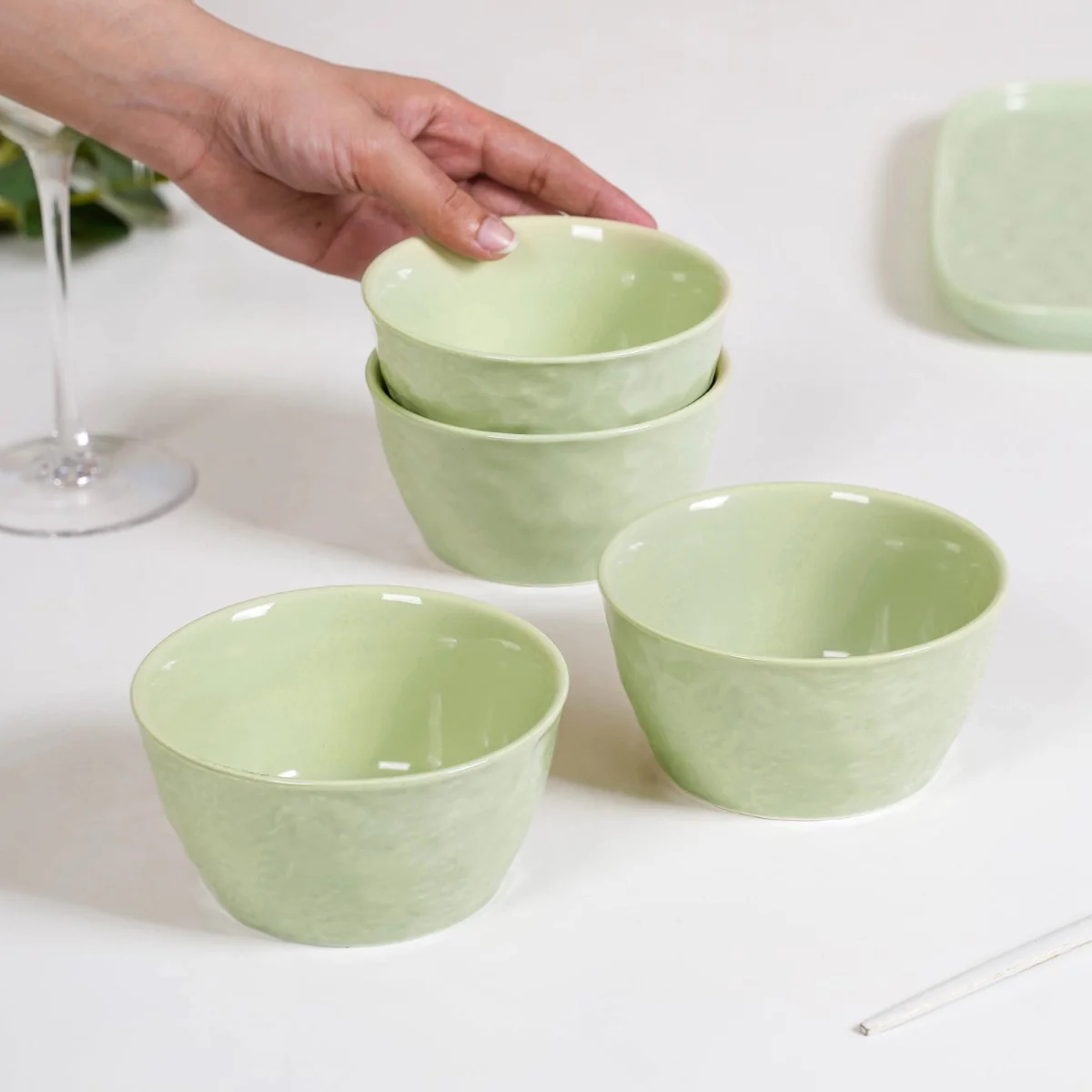 Textured Ceramic Snack Bowl Sage Green Set Of 4 350ml - Image 2
