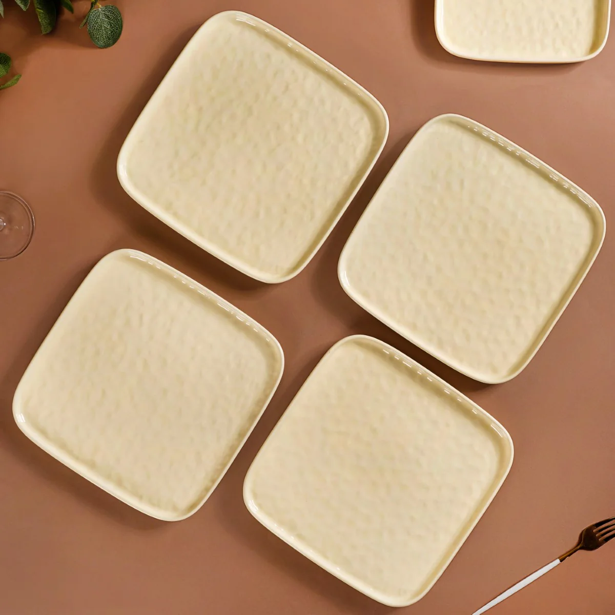 Textured Ceramic Square Dinner Plate Vanilla White Set Of 4 10 Inch