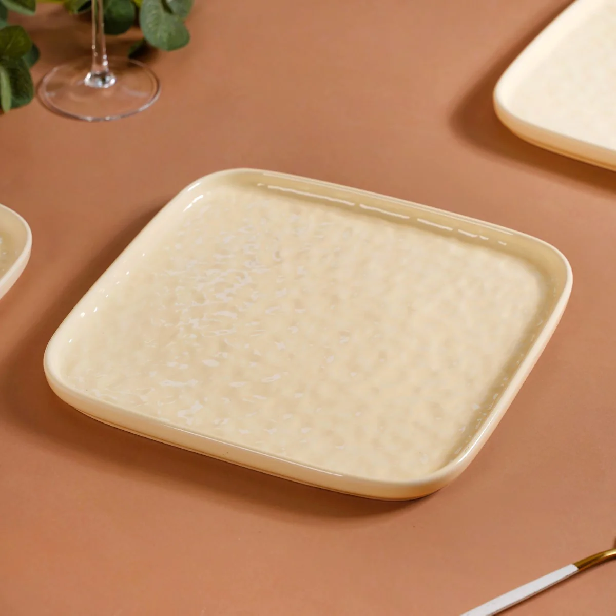 Textured Ceramic Square Dinner Plate Vanilla White Set Of 4 10 Inch - Image 2