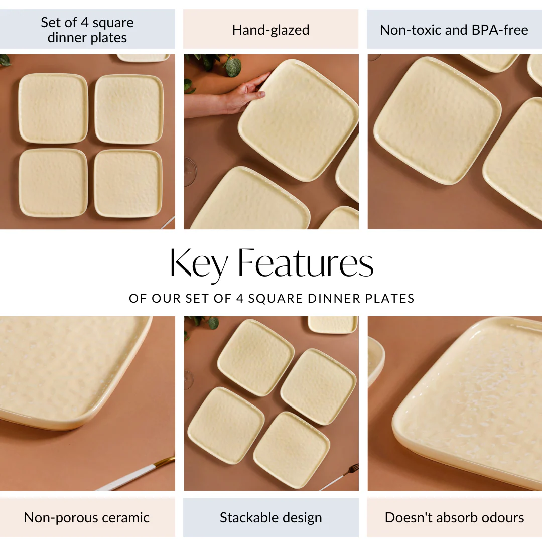 Textured Ceramic Square Dinner Plate Vanilla White Set Of 4 10 Inch - Image 4