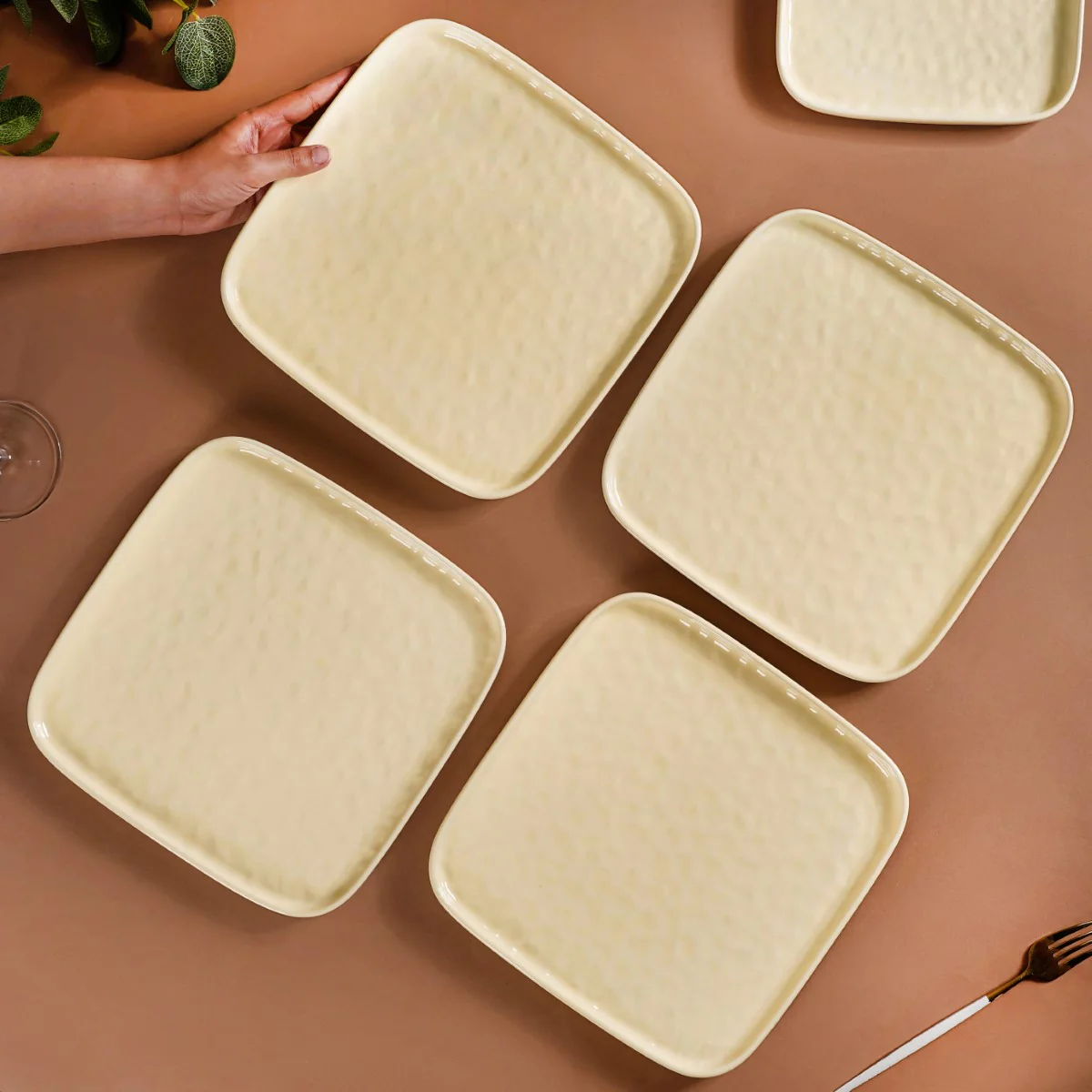 Textured Ceramic Square Dinner Plate Vanilla White Set Of 4 10 Inch - Image 7