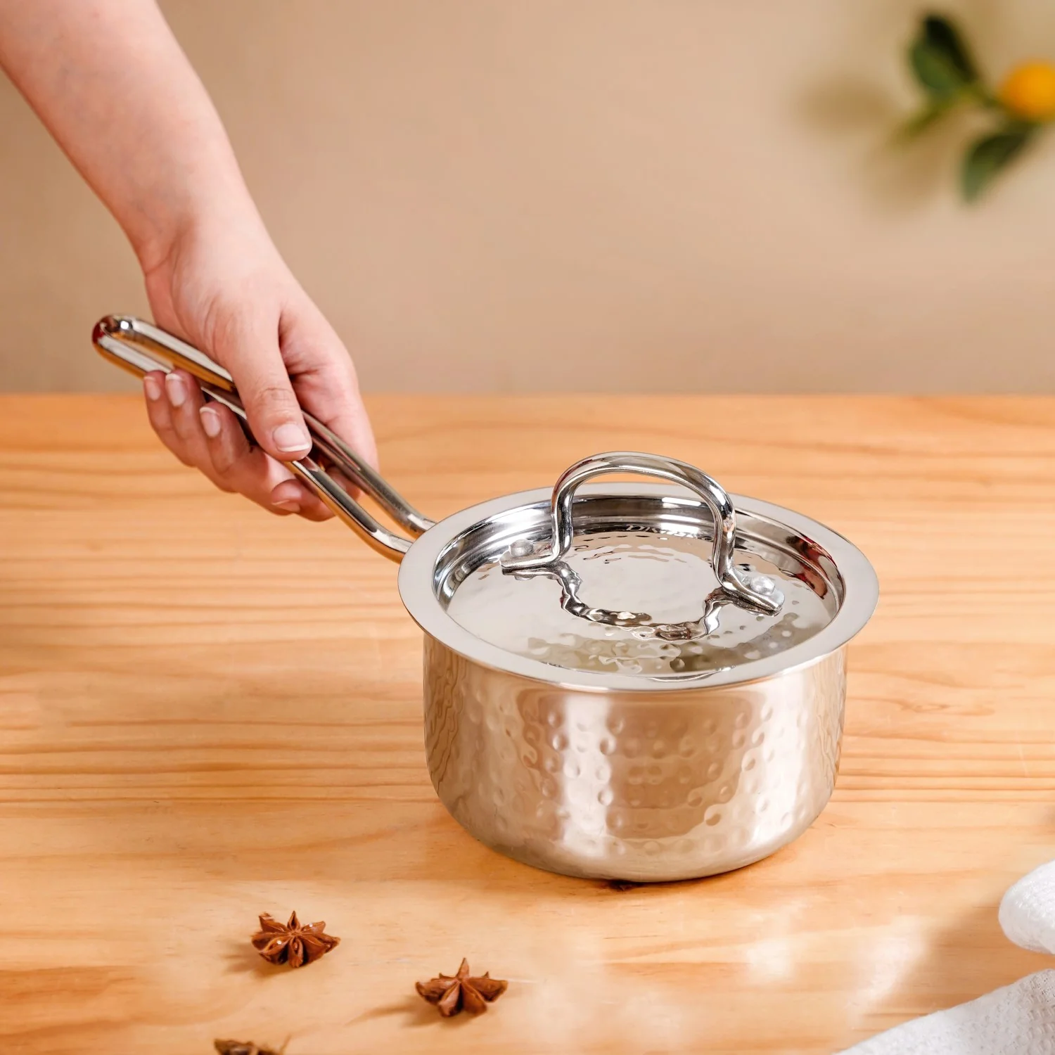 Textured Stainless Steel Deep Saucepan Tri Ply 1000ml - Image 3
