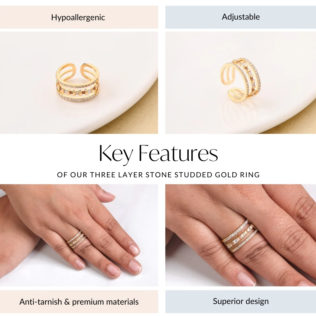 Three Layer Stone Studded Gold Ring - Image 4