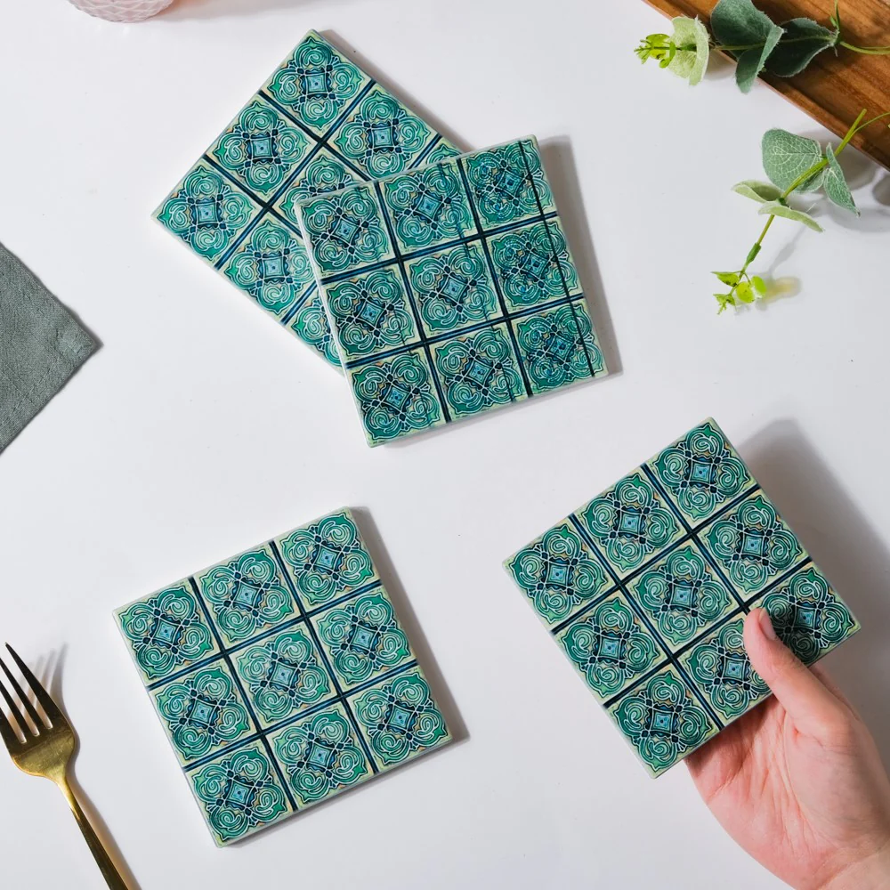 Tile Art Ceramic Coaster Blue Green Set of 4 - Image 3
