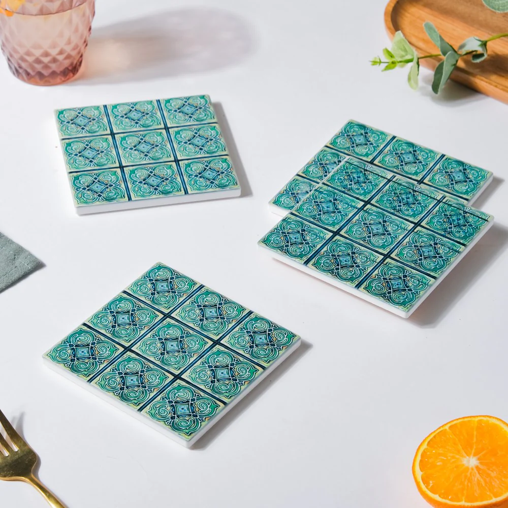 Tile Art Ceramic Coaster Blue Green Set of 4 - Image 4