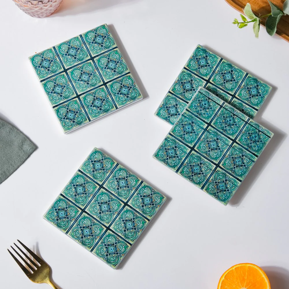 Tile Art Ceramic Coaster Blue Green Set of 4 - Image 6