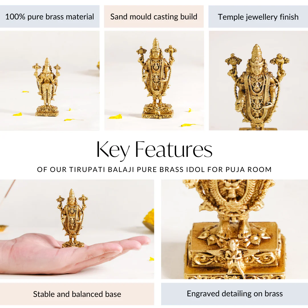 Tirupati Balaji Fine Carving Jewellery Finish Pure Brass Idol 7cm - Image 5