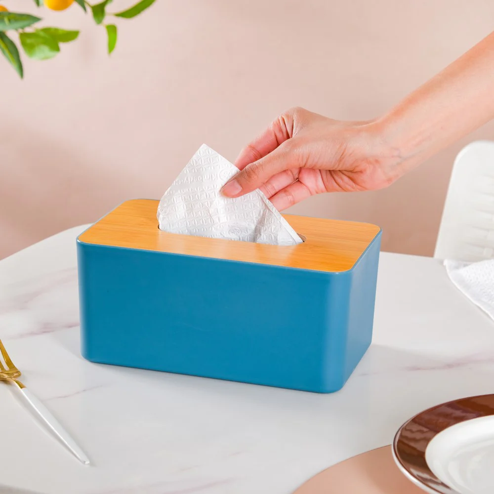 Tissue Box With Wooden Lid Blue - Image 2
