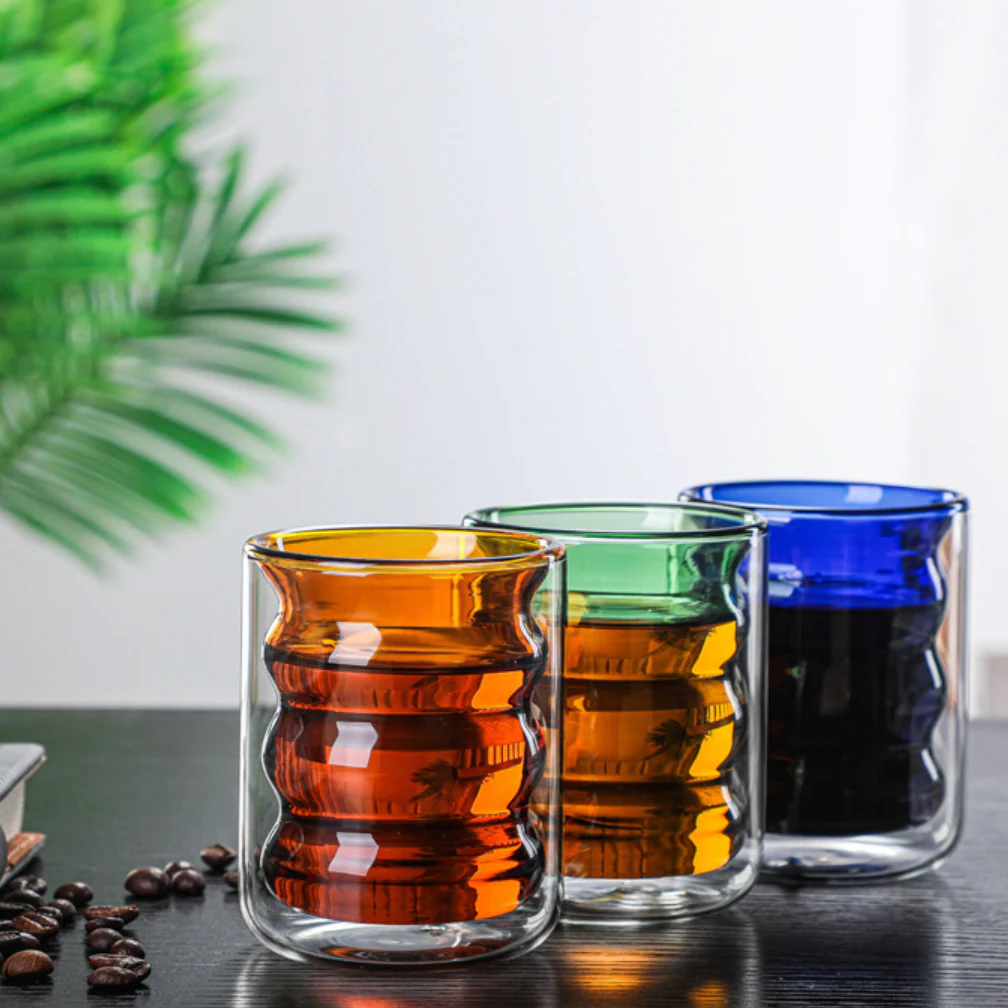 Transparent Double Walled Glass Ripple Tumbler Blue - Image 11