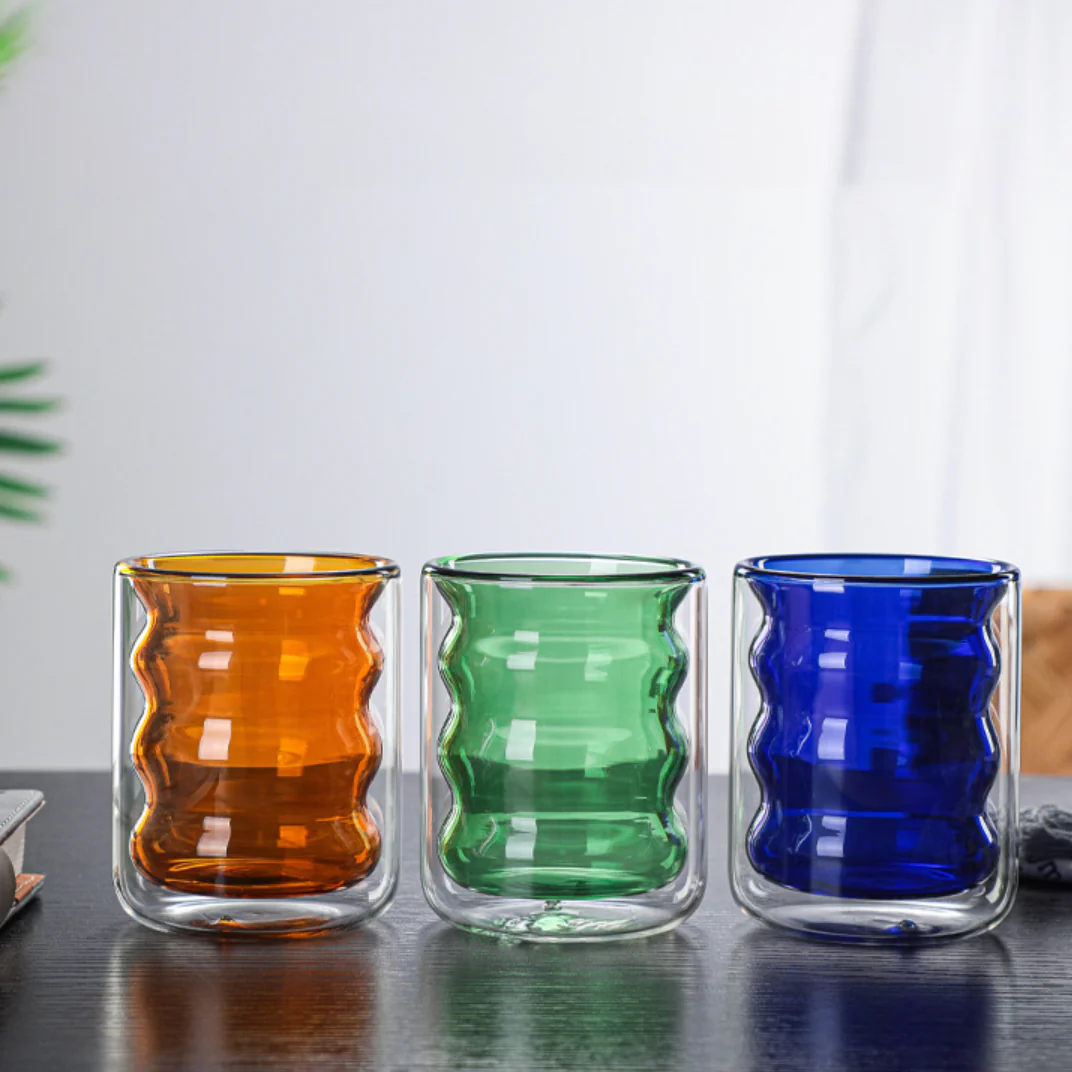 Transparent Double Walled Glass Ripple Tumbler Blue - Image 12