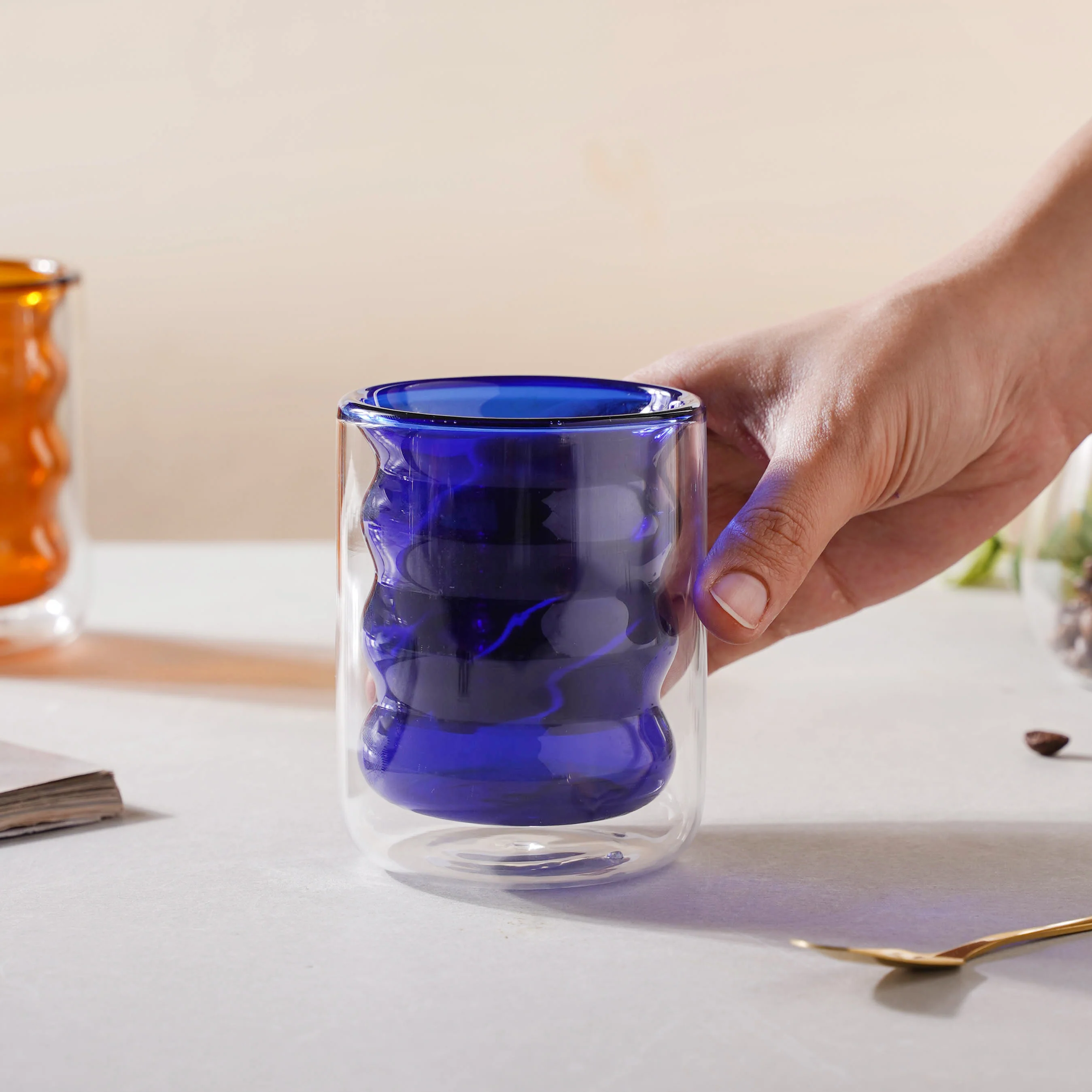 Transparent Double Walled Glass Ripple Tumbler Blue - Image 4