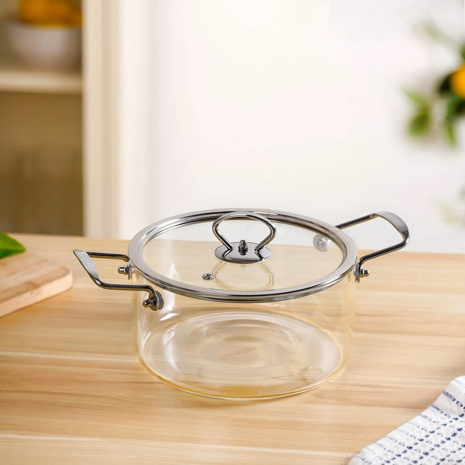 Transparent Glass Cooking Pot With Stainless Steel Grip Handles 2500ml - Image 8
