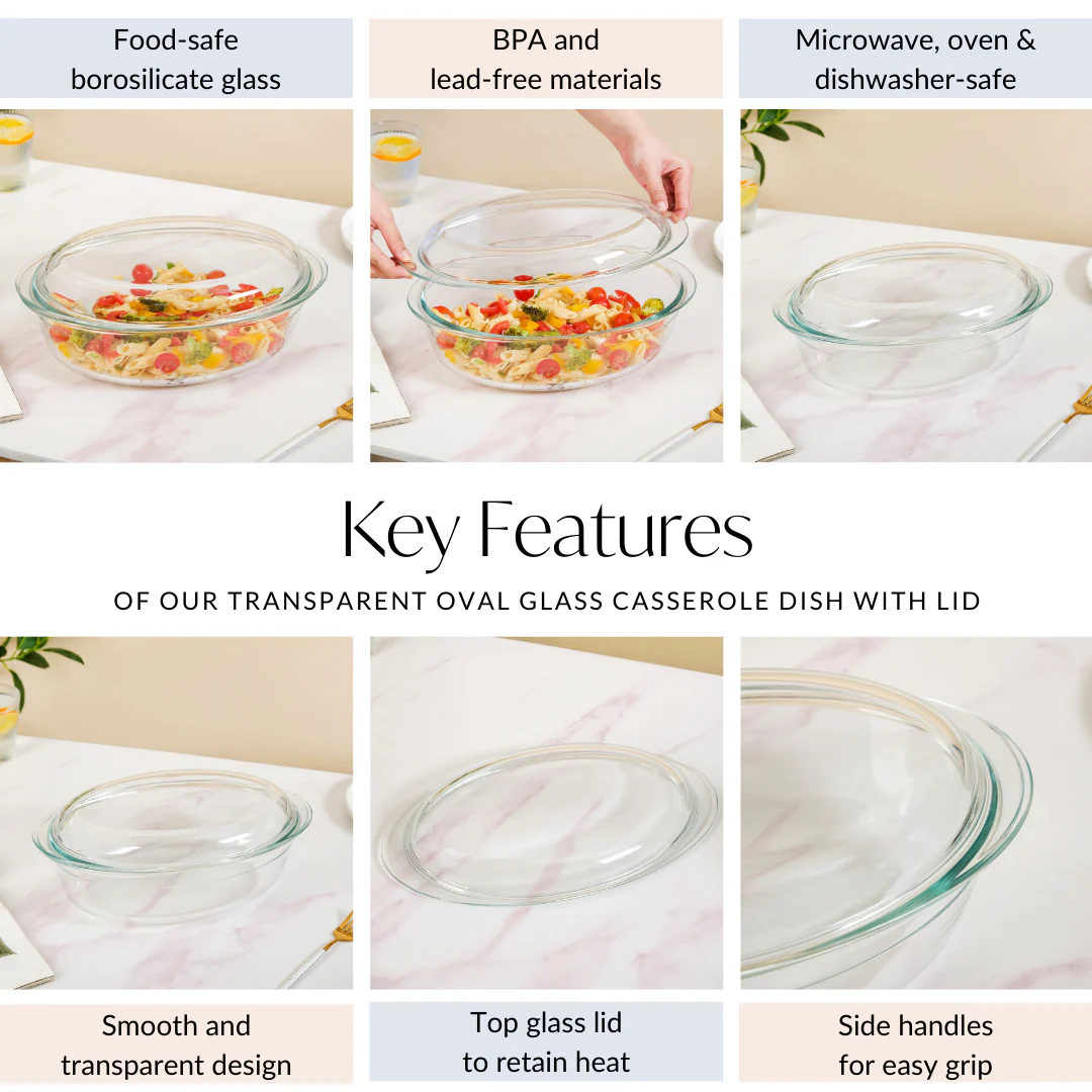 Transparent Oval Glass Casserole Dish With Lid 3300ml - Image 5