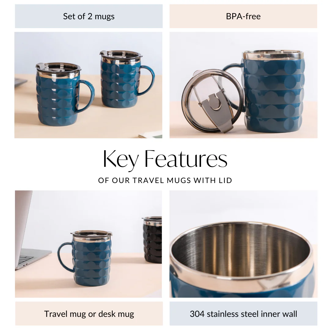 Travel Mug With Lid Set Of 2 Blue 400ml - Image 5