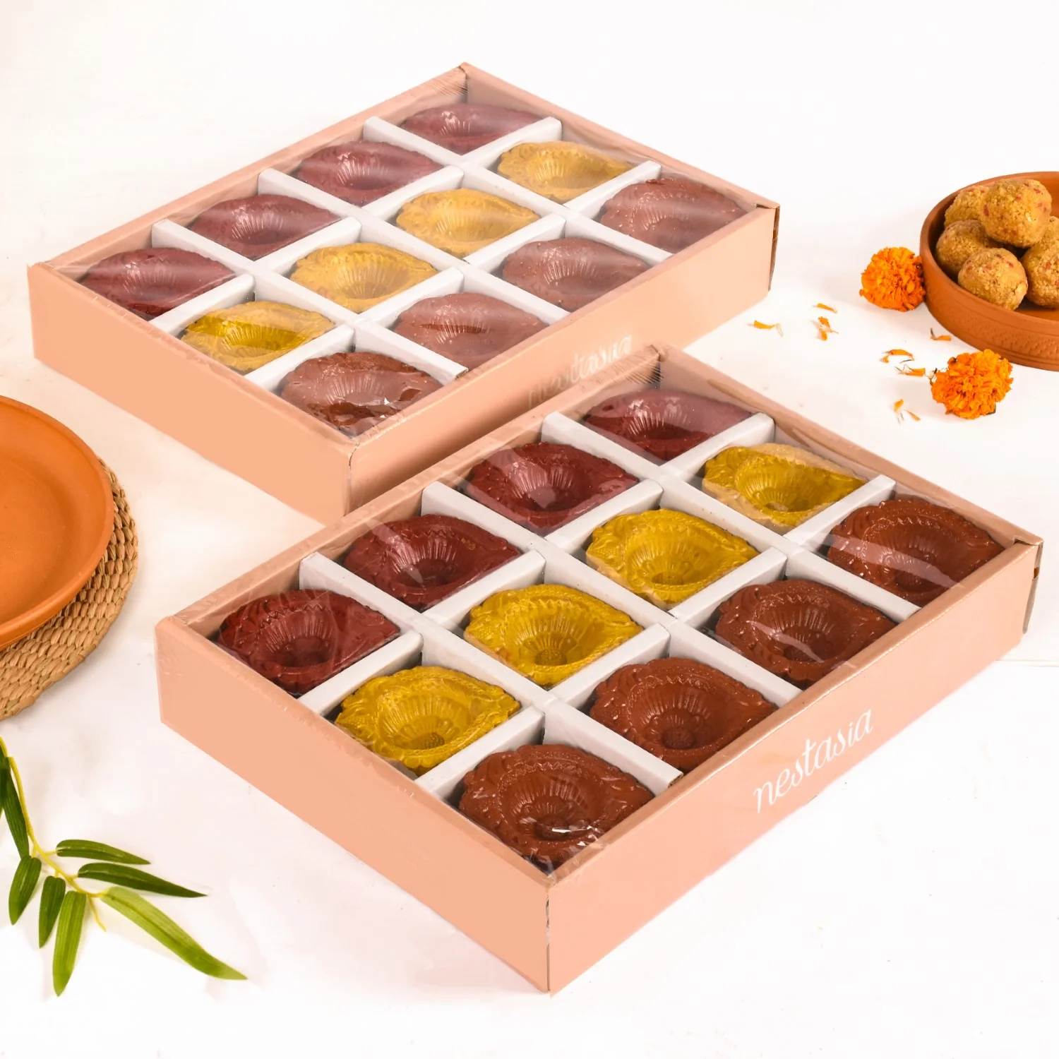 Tri Colour Natural Terracotta Diyas Set Of 48 - Image 8