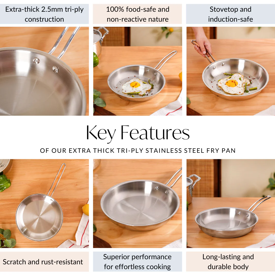 Tri Ply Thick Stainless Steel Fry Pan Induction Safe 1750ml - Image 5