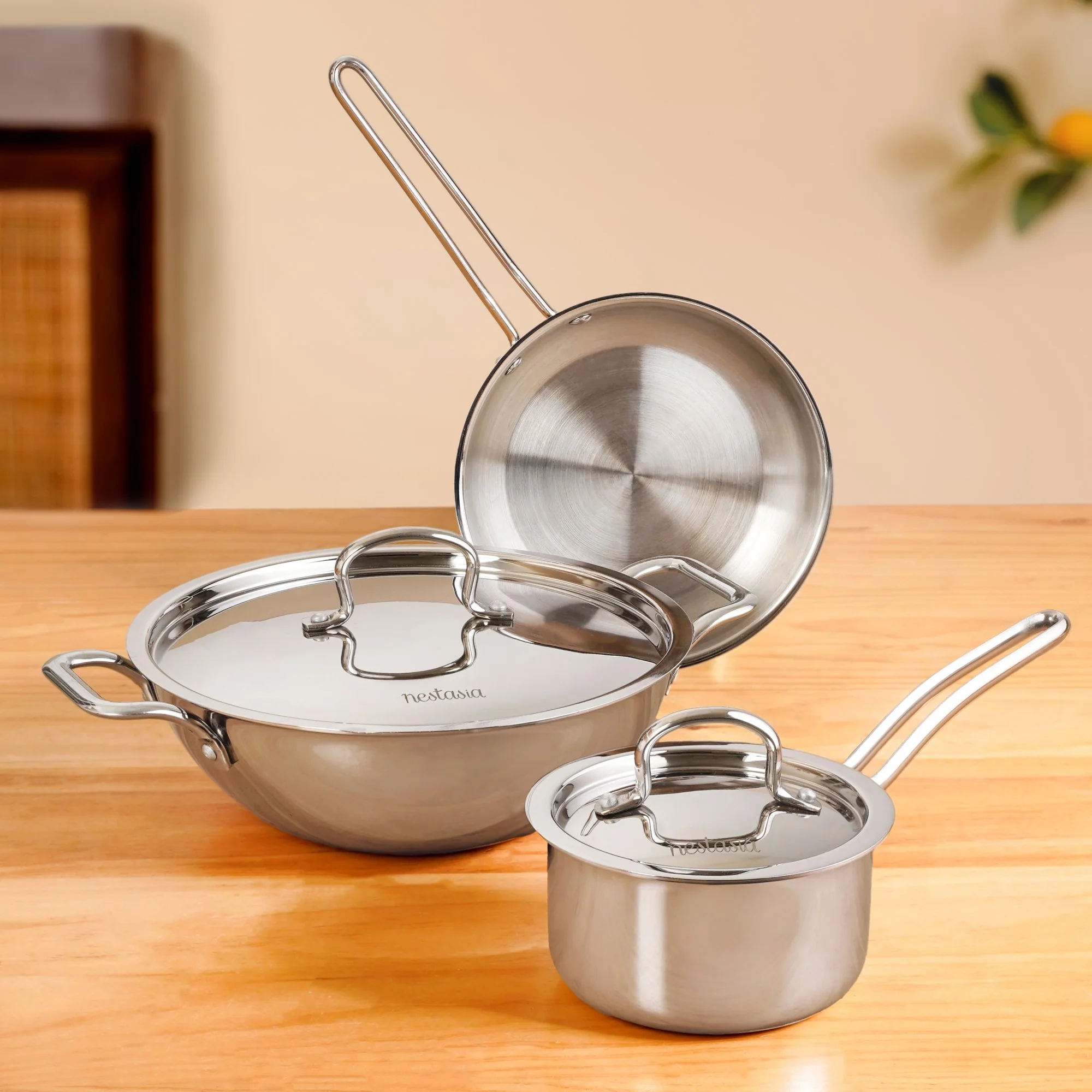 Triply Stainless Steel Kadai Frying Pan And Saucepan Cookware Set